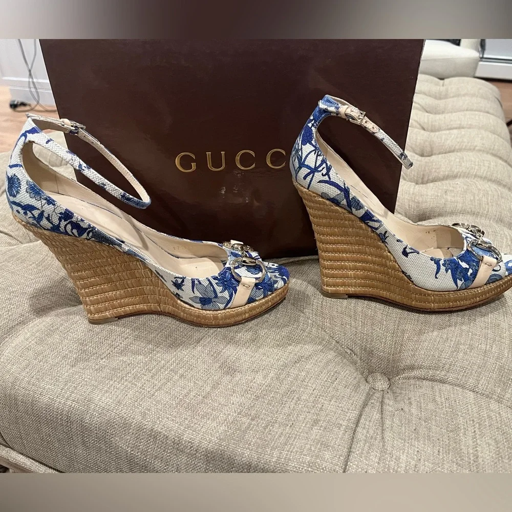 Gucci Blue and White Floral Wedge Sandals with Ankle Strap
